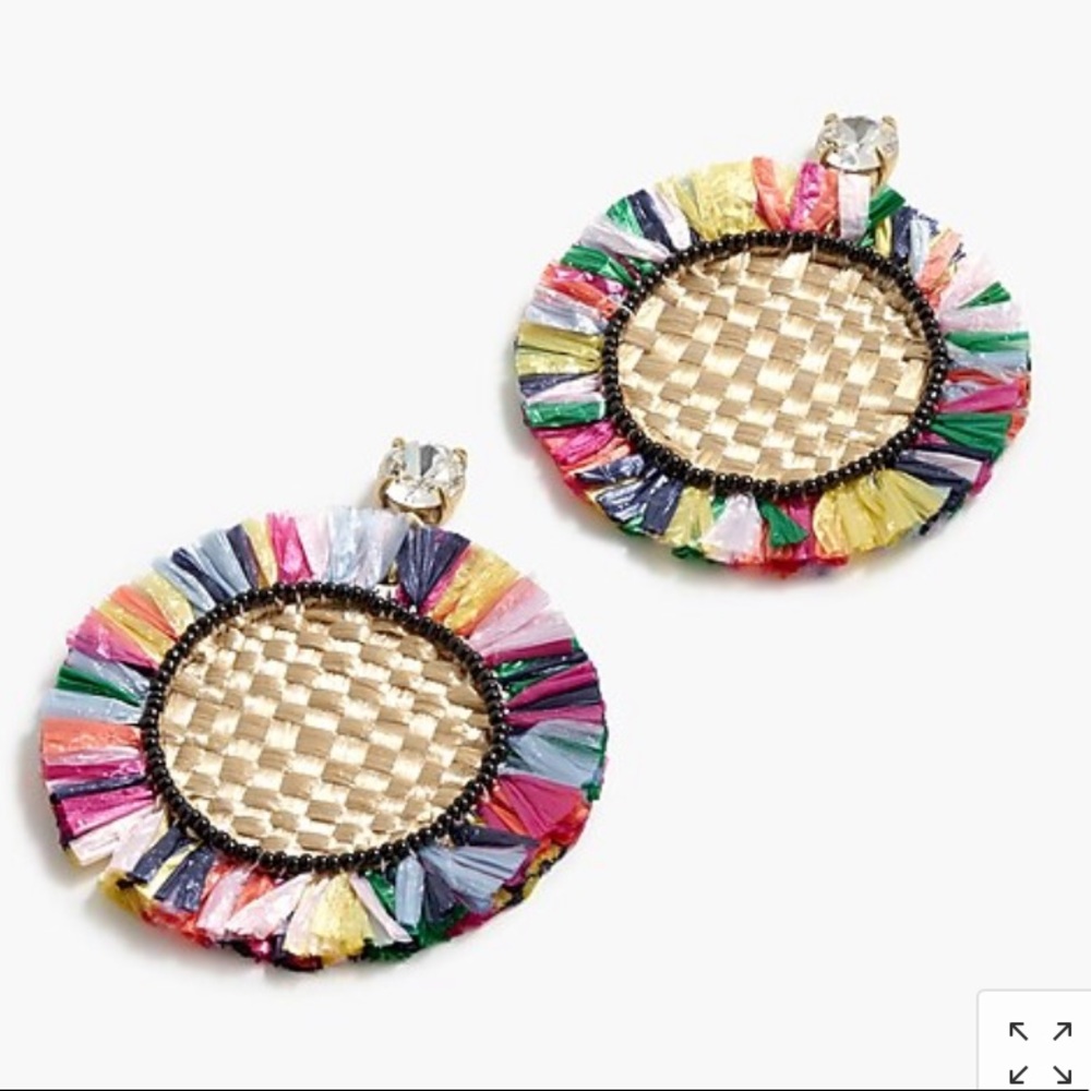 J. Crew Rainbow raffia fringe disc earrings